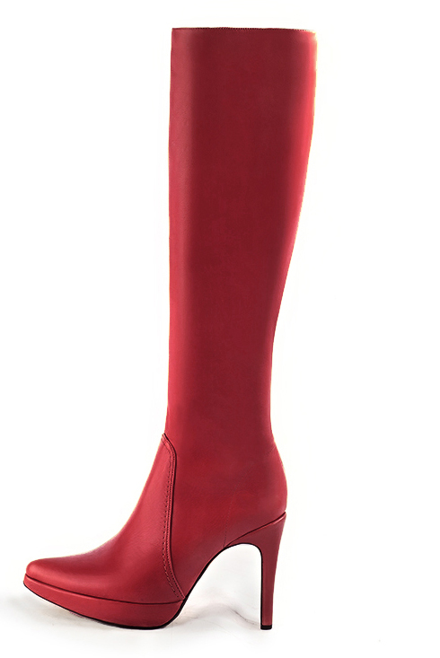 Cardinal red women's feminine knee-high boots. Tapered toe. Very high slim heel with a platform at the front. Made to measure. Profile view - Florence KOOIJMAN